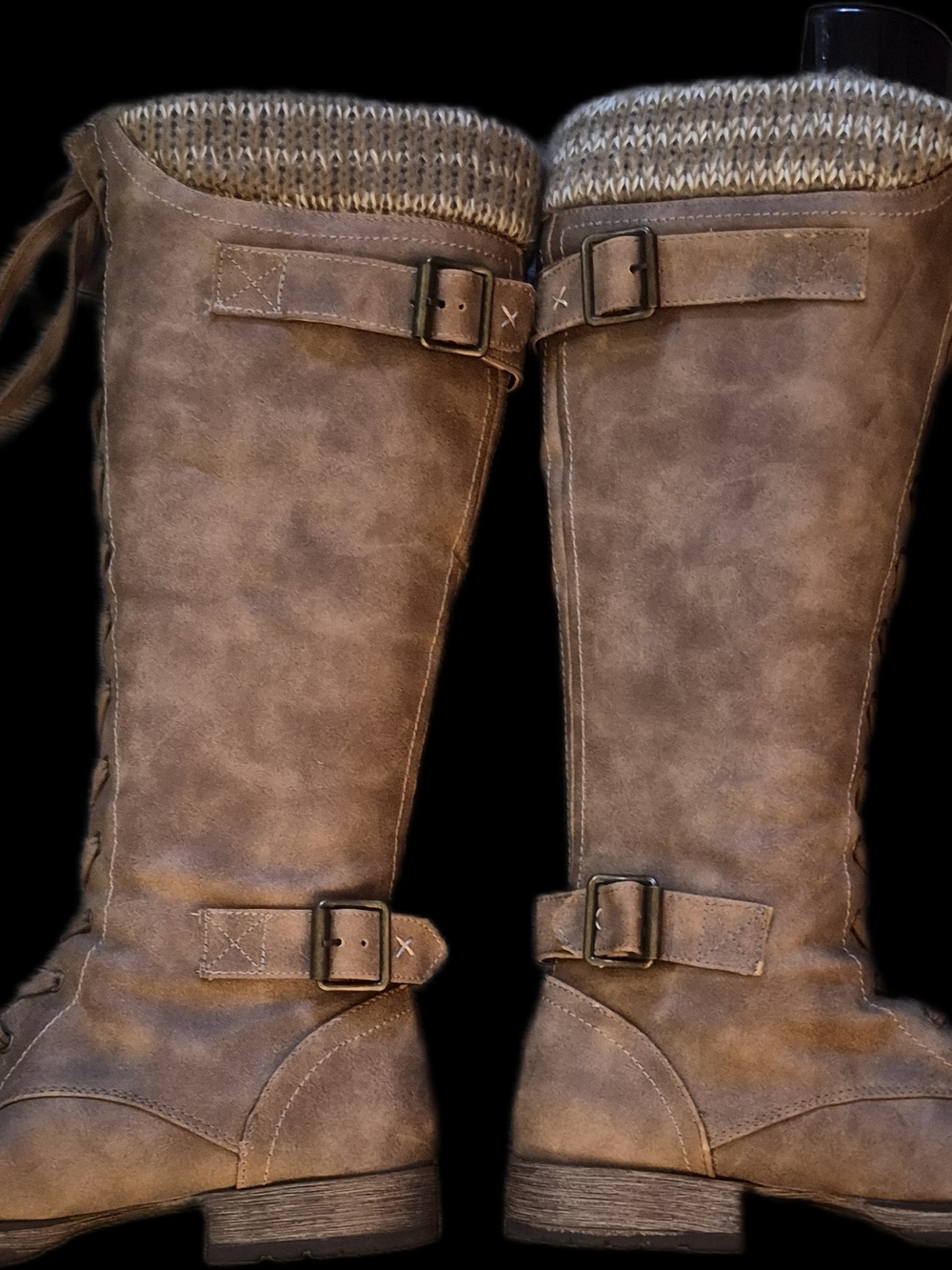 Knee High Knit Cuff Riding Boots - Tan - Picture 2 of 4
